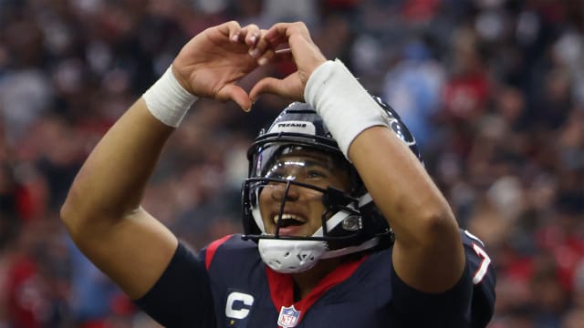 Nov 5, 2023; Houston, Texas, USA; Houston Texans quarterback C.J. Stroud (7) celebrates his touchdown against the Tampa Bay Buccaneers in the fourth quarter at NRG Stadium. 